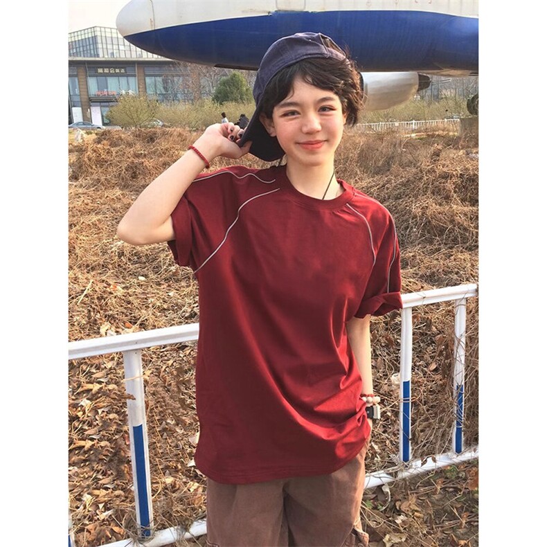抖音得物二开240克宽松纯棉美式高街夜光反光工艺辑线短袖T恤,男装T恤,电商A486-1