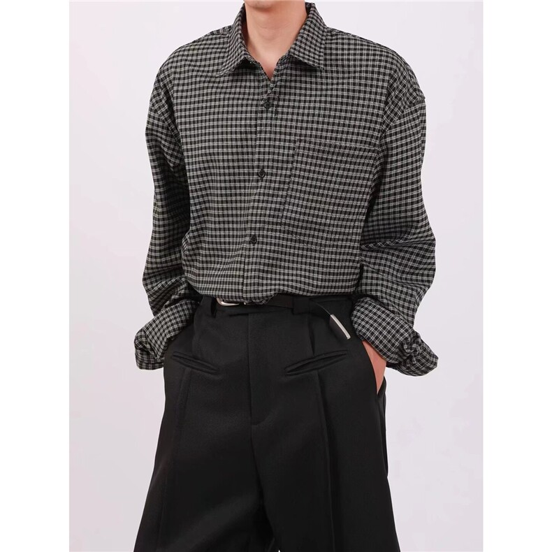 春夏季休闲格纹通勤长袖衬衫男百搭宽松复古慵懒衬衣潮流CSZ388，男装衬衫，星座516A