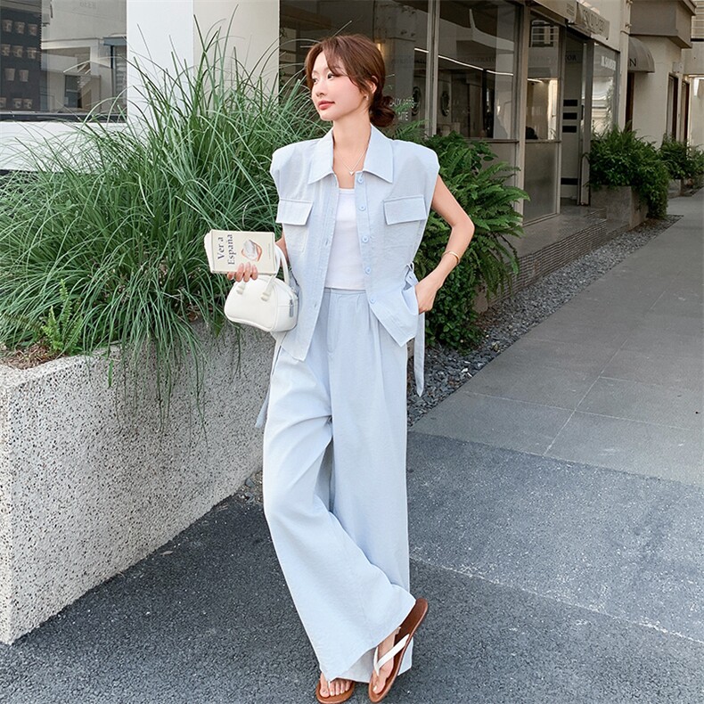 浅蓝色轻熟风廓形马甲阔腿裤套装女2025夏季新款韩系高级感两件套,女装套装/套裙,2C317A