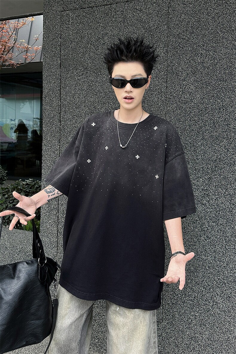 8XL-M满天星轻奢烫钻宽松版落肩纯棉短袖T恤新款夏百搭上衣DX337,男装T恤,电商D206-1