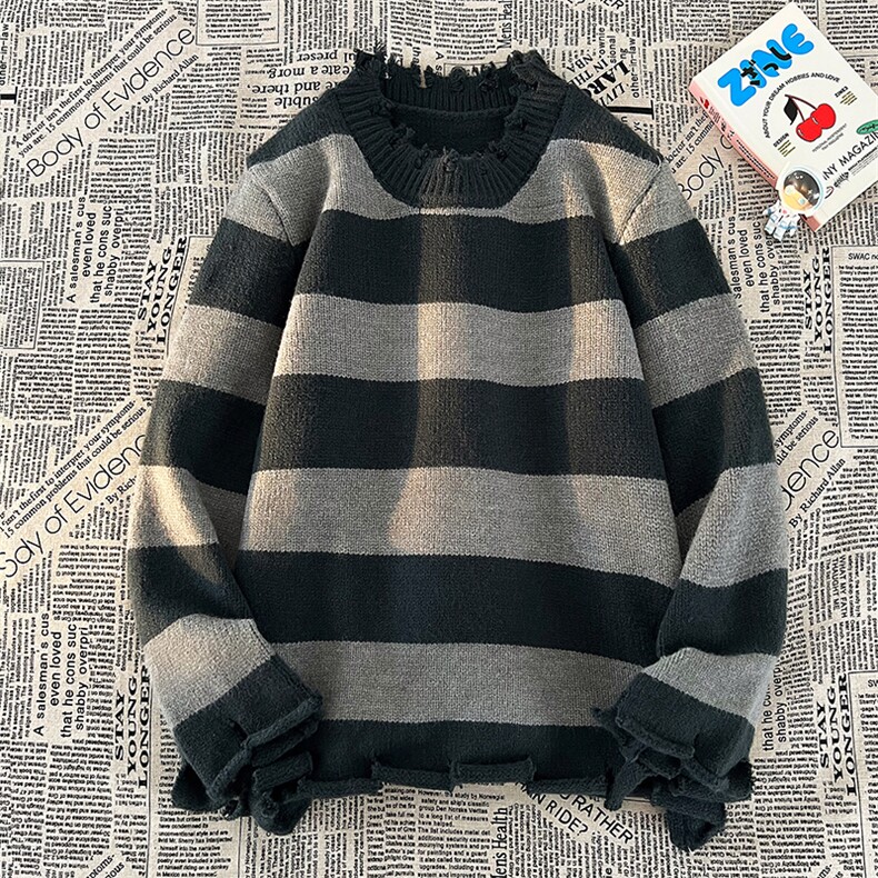 8XL-M特大码破洞条纹毛衣男胖子宽松大码针织衫潮流撞色MY1211P70,男装针织衫/毛衣,电商D206-1
