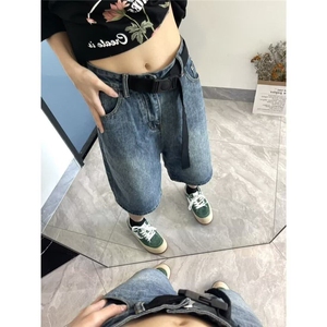 美式高街拉链破洞牛仔裤男复古做旧阔腿五分裤夏季潮牌 ND934图片