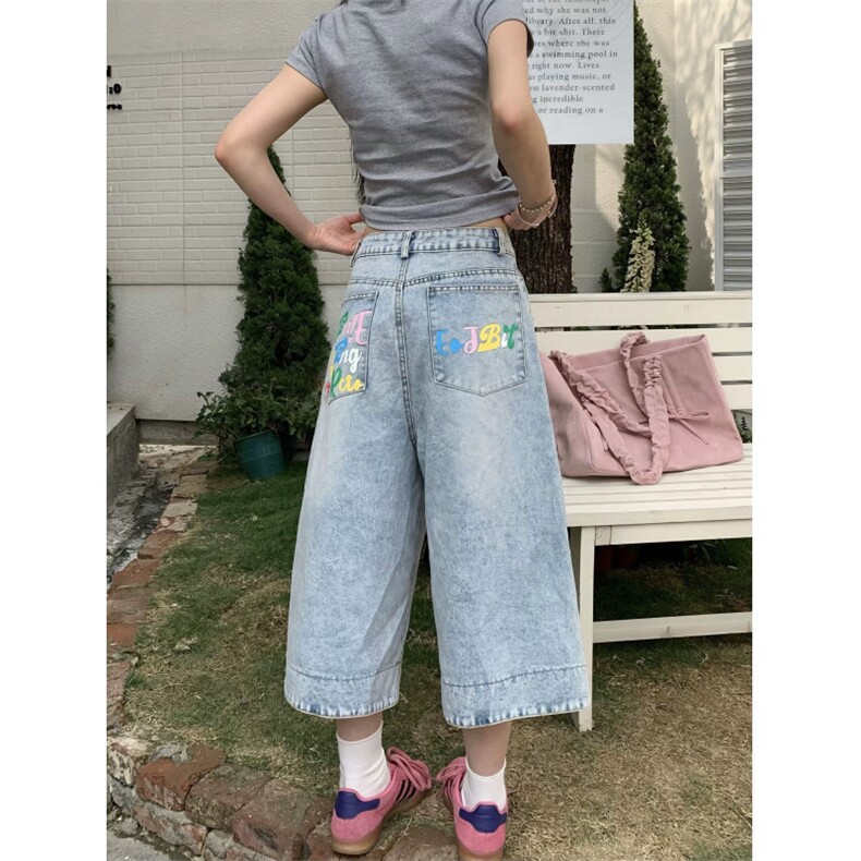 AK2284-P68美式复古牛仔七分裤女格纹拼接卷边做旧休闲短裤,男装牛仔裤,星座617A-2