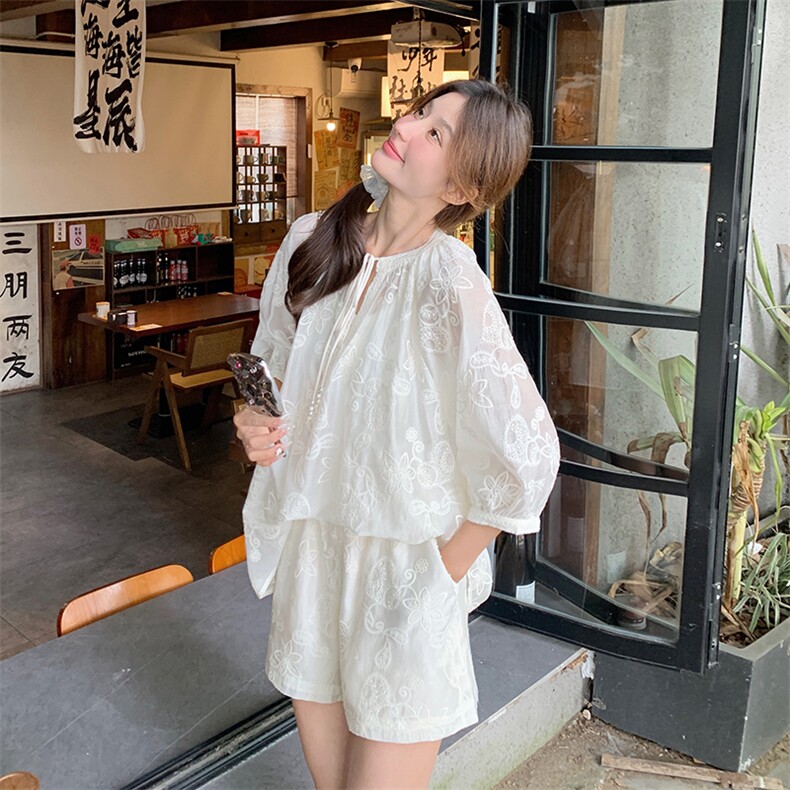 新中式国风禅意防晒套装裤女夏2025新款高级松弛感刺绣短裤两件套,女装套装/套裙,维壹