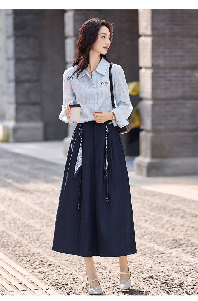 漂亮蓝色衬衫套装裙女秋御姐高级感半身裙两件套,女装套装/套裙,2B115