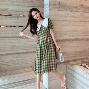 2021夏新款韩版蕾丝拼接格子裙复古连衣裙学院风大码女装+图片