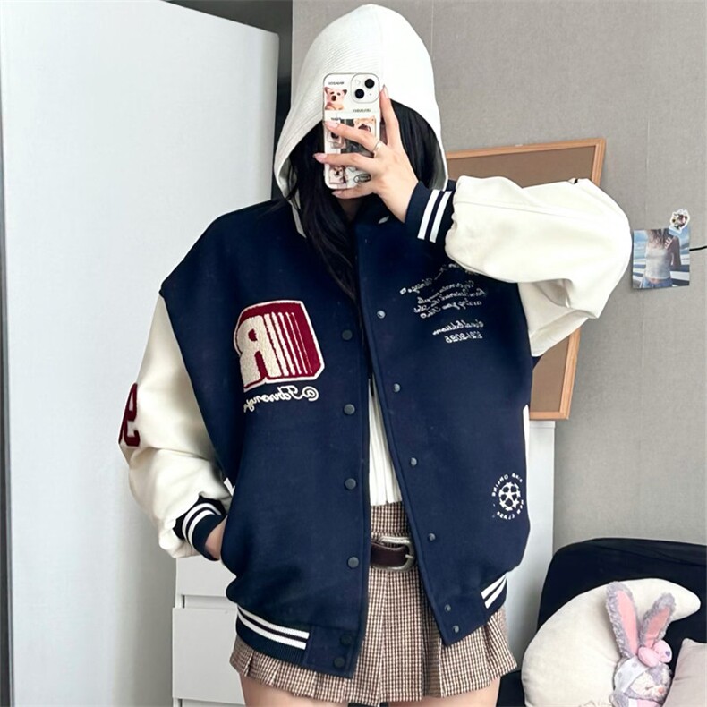1506-1/JA2201/P64徽章拼接撞色棒球服外套男女冬季重磅宽松夹克图片