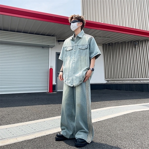 夏季水洗复古牛仔裤宽松休闲潮流百搭薄款直筒阔腿裤图片