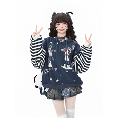 蓝鬼公园LanguidPark小众复古拼接条纹卫衣外套女秋季棒球服上衣，女装短外套，星座1210-1