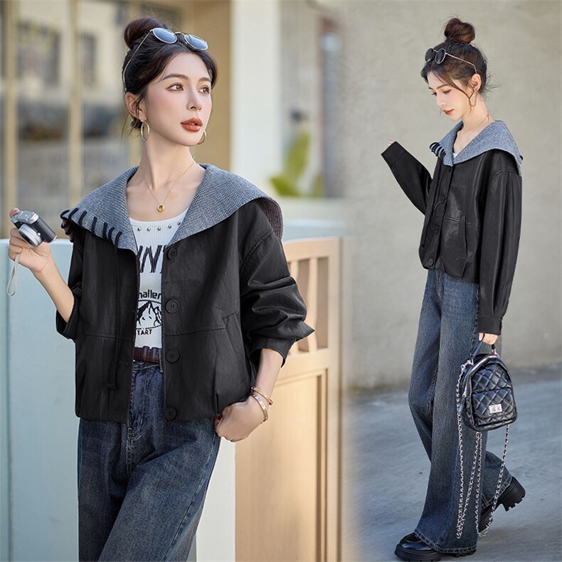 加绒皮衣外套女短款高级感机车服pu酷飒风海军领高端宽松春秋外套，女装皮衣，跑量工厂店