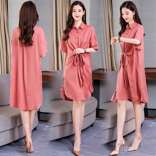 纯色中长款2021年夏季中腰时尚舒适简约百搭连衣裙，女装连衣裙，天丝秀