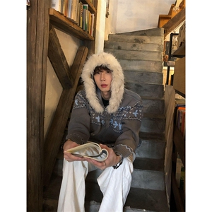 重磅北极绒座山雕毛衣外套冬美式复古休闲慵懒风大毛毛领针织开衫图片