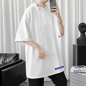 LD54202-P45 连帽短袖t恤男大码胖子带帽五分袖中袖图片
