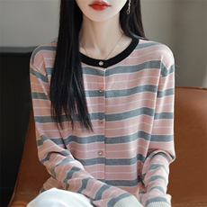 25春秋撞色圆领精纺羊毛开衫女条纹针织毛衣宽松长袖外套休闲上衣，女装针织衫/毛衣，暖烁羊绒