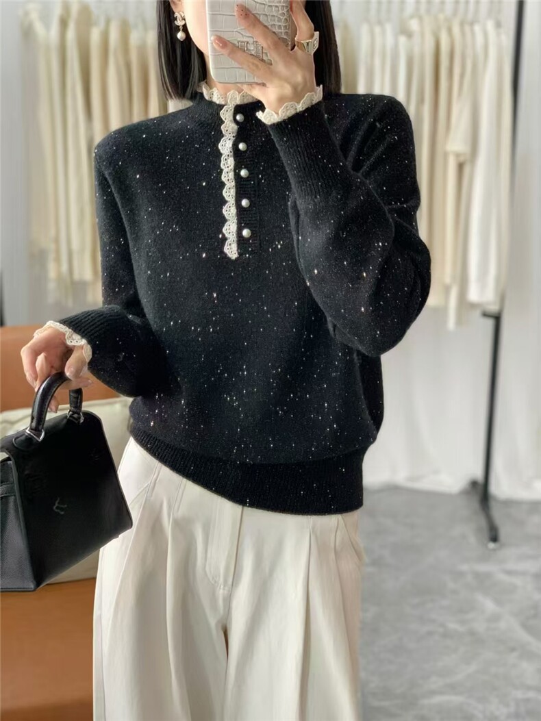 新款领花边洋气小女人百搭休闲针织衫,针织衫/毛衣,晨旭羊绒