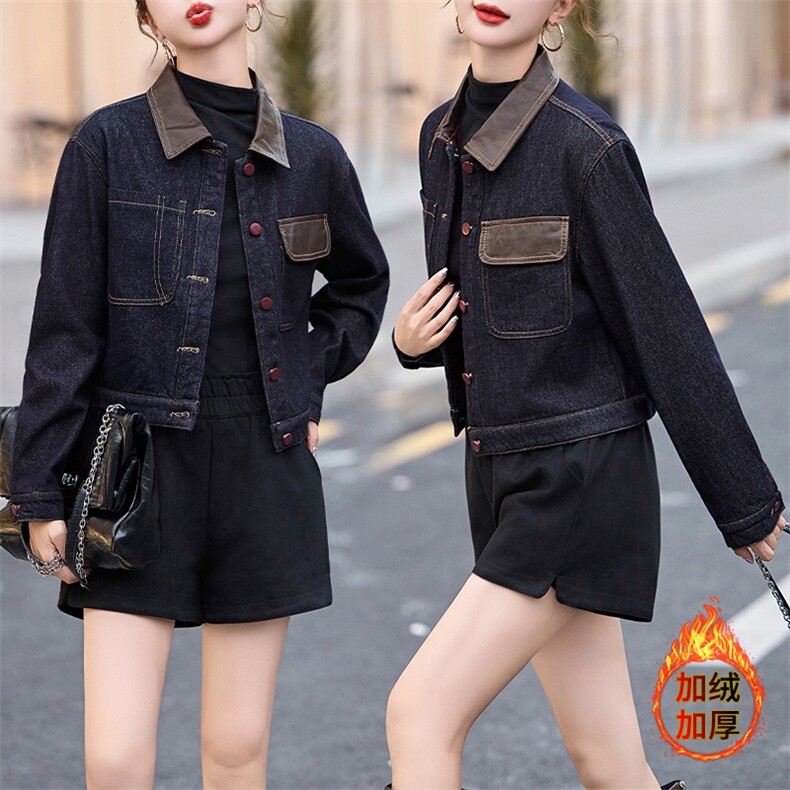 安可拉红牛仔外套女高级感撞色上衣2024秋冬加绒加厚PU皮拼接夹克，女装牛仔外套，江南女神