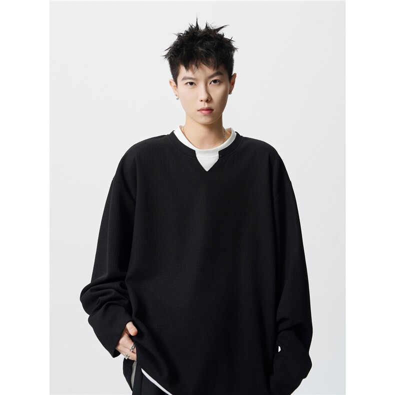 MM215-P45新款穿搭潮牌肌理感假两件美式长袖T恤，女装针织衫/毛衣，星座617A-2