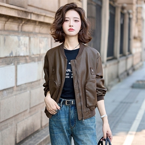 小个子皮衣外套女棒球服上衣春秋款时尚高级感港风复古显瘦皮夹克图片