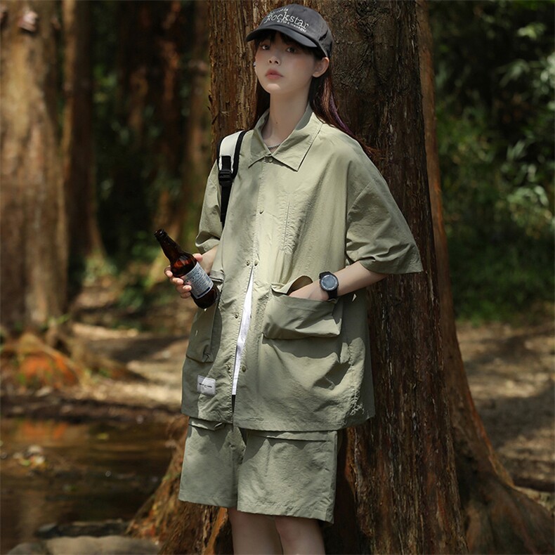 夏款中性风纯色翻领衬衫潮百搭短裤半袖套装男女8715-P80控价128,男装衬衫,电商A441-1