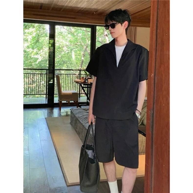 假两件亚麻套装男夏季薄款高级感老钱风松弛感休闲短袖短裤两件套,男装休闲套装,星座506A