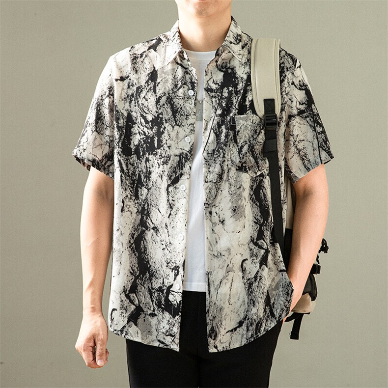 YK86074-P30聚酯纤维冰丝水墨凉感衬衫男夏季薄款，男装衬衫，电商A086-1