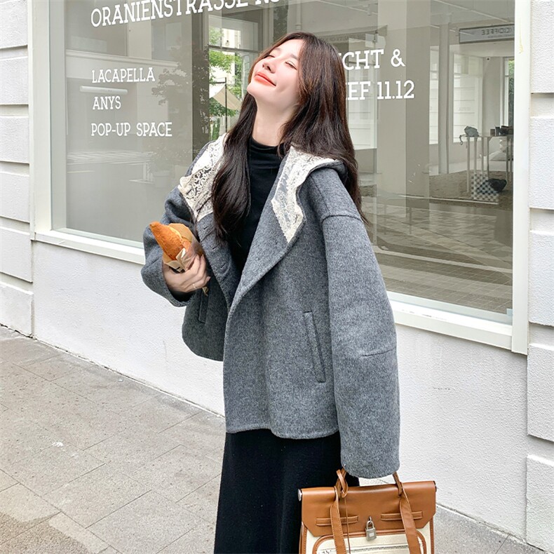 数据款！现货现货现货！70羊毛连帽蕾丝拼双面羊绒6885-P295-K438，女装羊绒大衣，2D034