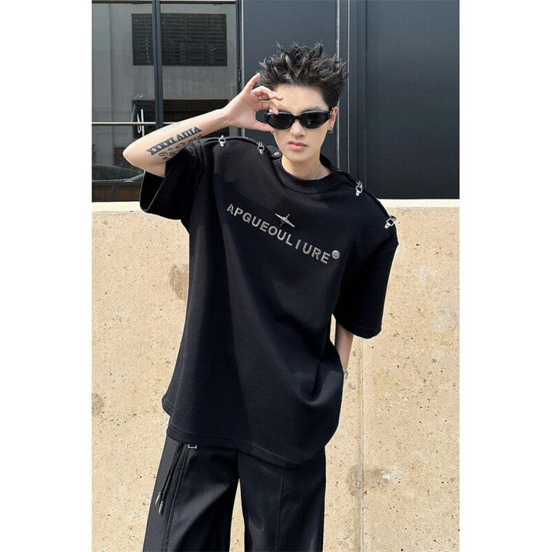8XL-M夏季小众解构飞机扣一字肩设计稿短袖立体T恤卫衣男DX331P58图片