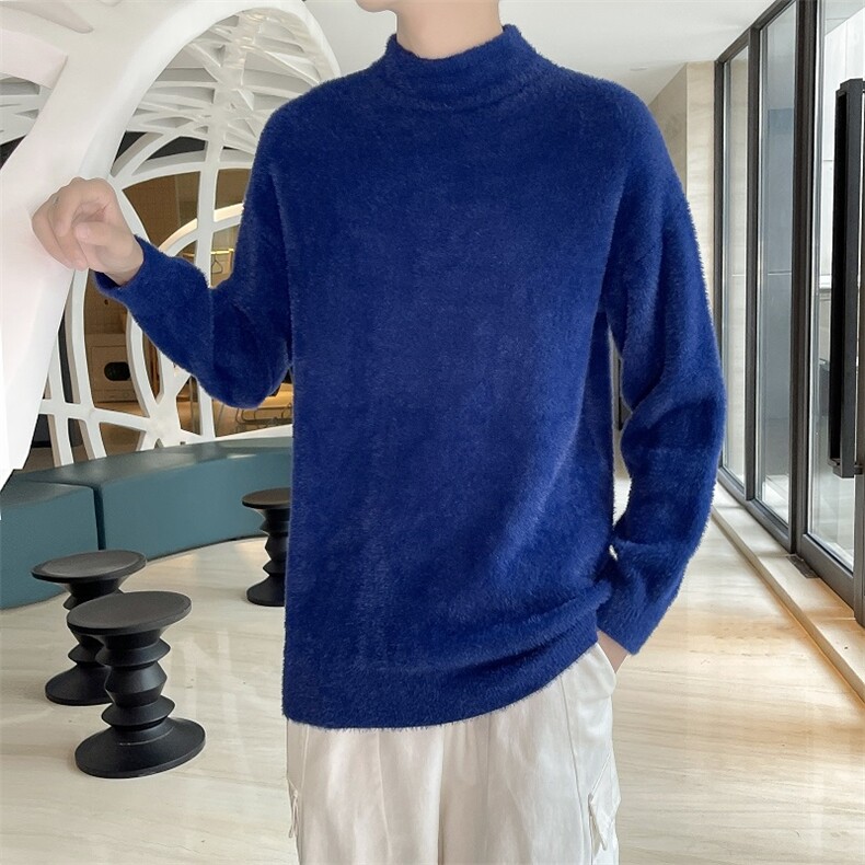 冬季半高领水貂绒毛衣男宽松慵懒风加绒加厚打底针织衫图片