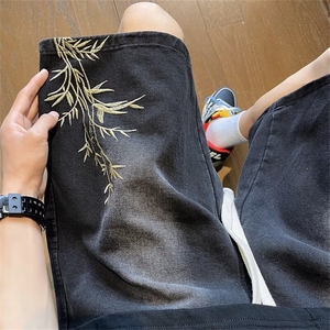 新中式刺绣牛仔短裤夏季风中裤子休闲运动五分裤NF5107