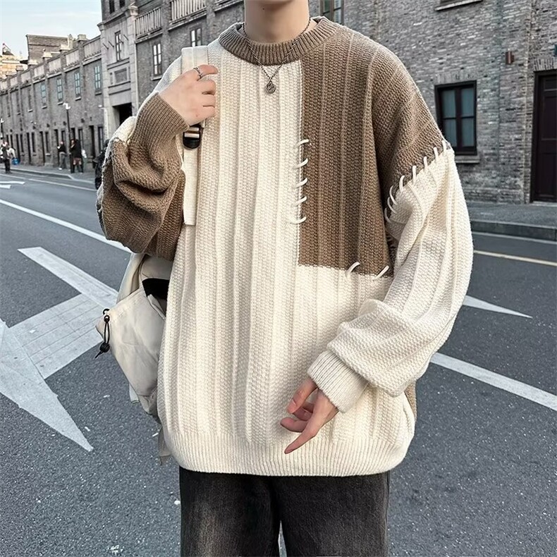 wassuphappy拼接圆领毛衣男款冬季潮流撞色慵懒风针织衫保暖线衣,男装针织衫/毛衣,星座410-2