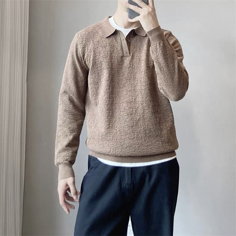 褶皱纹理纯色老钱风polo翻领针织毛衣打底衫E41077-P68，男装Polo衫，星座1012-1