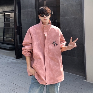 港风PU皮复古做旧可拆卸四芒星胸针设计夹克男JK77757P90控128图片