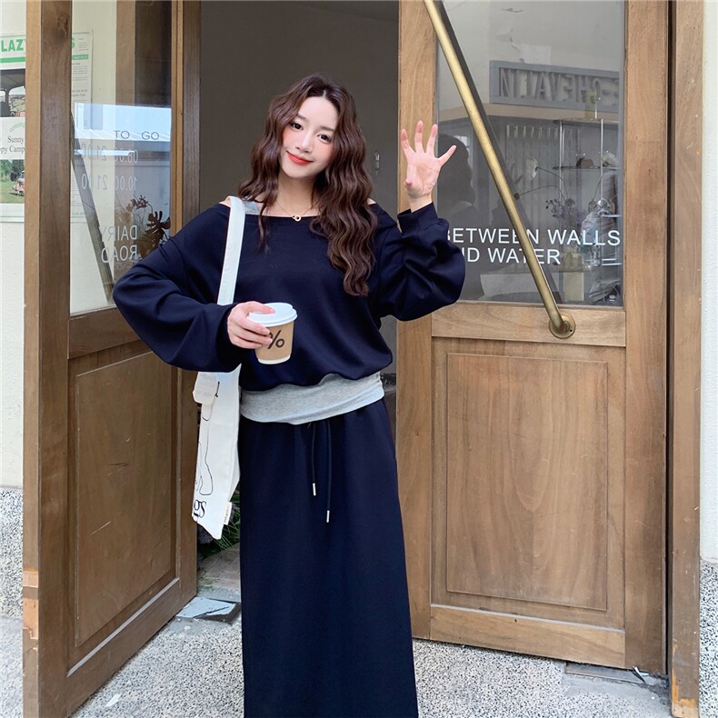 休闲减龄穿搭蓝色露肩卫衣套装女春秋超火好看高级感半身裙两件套,女装套装/套裙,2C126