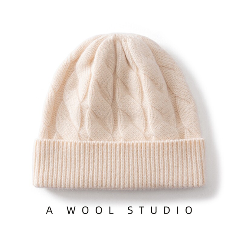 2025年春季秋冬新款百搭绞花翻遍帽，帽子，绒朵羊绒