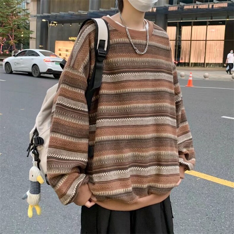 2022复古条纹卫衣男潮流百搭宽松圆领潮牌慵懒风针织M477-P28,男装卫衣,星座512-2