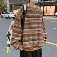 2022复古条纹卫衣男潮流百搭宽松圆领潮牌慵懒风针织M477-P28，男装卫衣，星座512-2