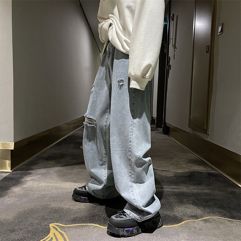 春新款男女高街破洞宽直筒个性潮牌牛仔裤长裤子NZ018批45控68,男装牛仔裤,星座715