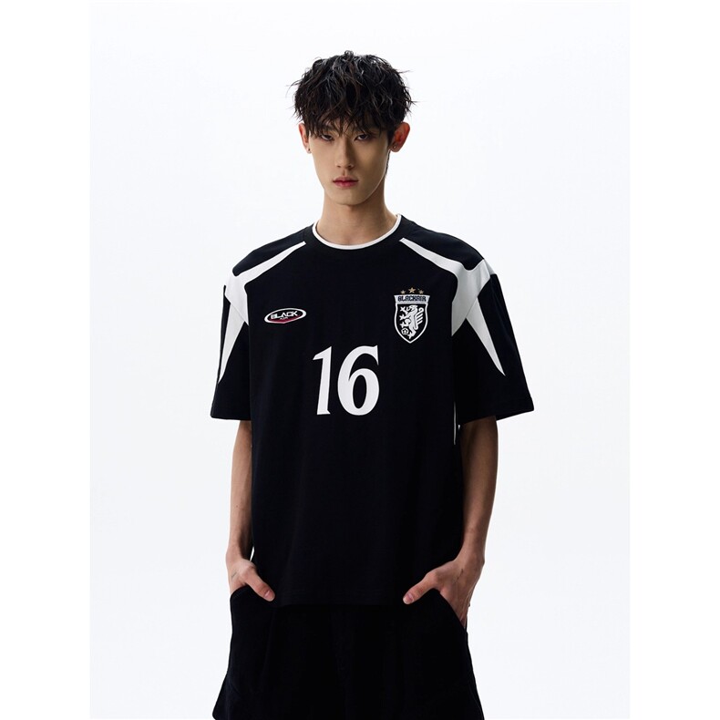 T202-P38 大码复古街头hiphop足球服拼接绣花短袖t恤男女图片