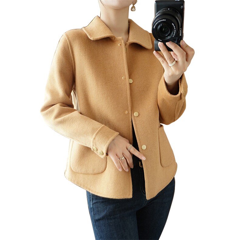 2024春秋新款双面大衣女短款小个子娃娃领羊毛呢外套宽松休闲HS19，女装毛呢外套，豪顺羊绒