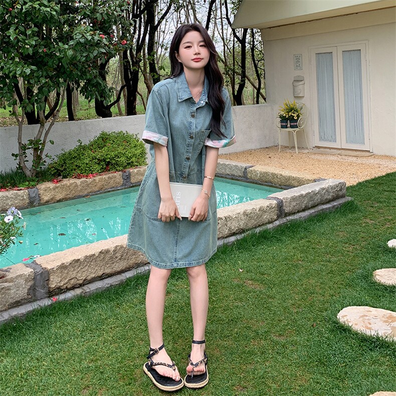 POLO领牛仔连衣裙女夏2024年新款港风宽松显瘦小个子减龄连衣裙,女装连衣裙,辉之琳