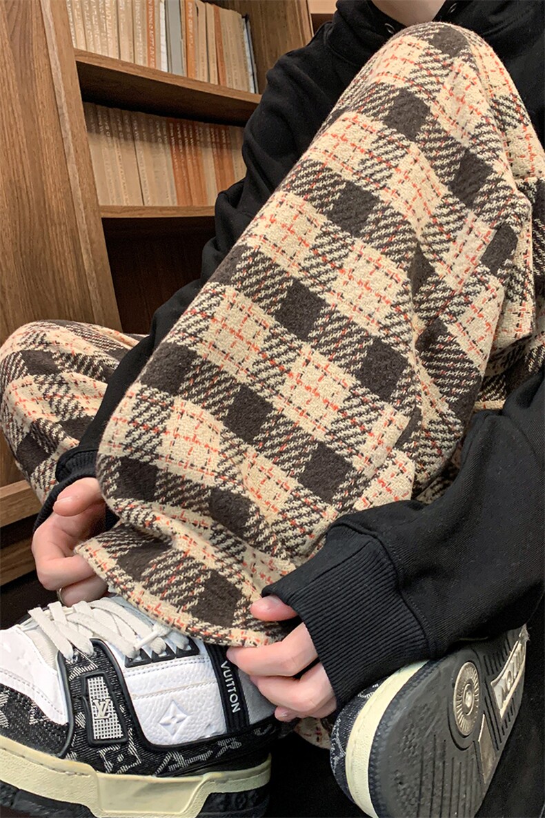 8XL-M特大码加厚毛呢料格子休闲裤宽松直筒长裤子男裤毛呢裤K946,男装休闲裤,电商D206-1