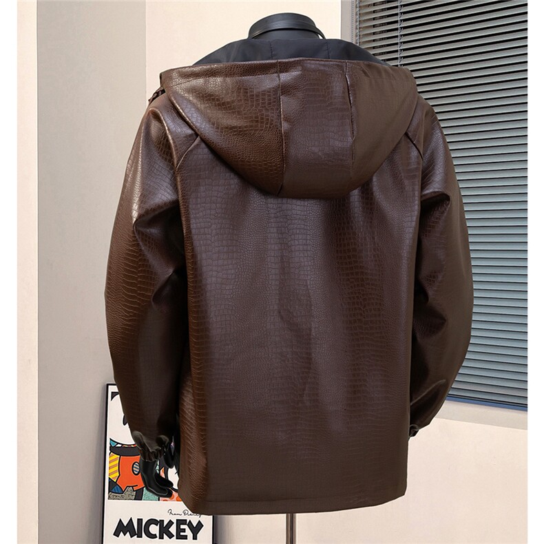 港风模特连帽鳄鱼纹PU皮衣大码M-5XL冲锋衣夹克男JK8744P90控128，男装皮衣，星座227-7