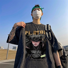直播品质重磅240克美式复古蜡染水洗做旧宽松短袖t恤T1155P38，男装T恤，电商A486