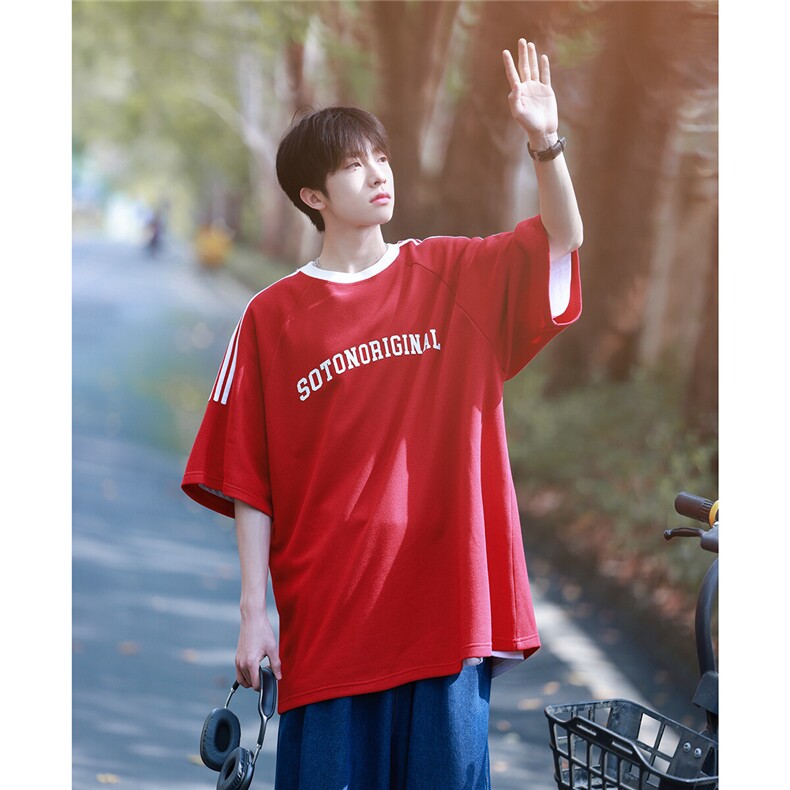 wassuphappy三条杠短袖t恤男夏季重磅美式字母上衣服休闲五分袖,男装T恤,电商A148
