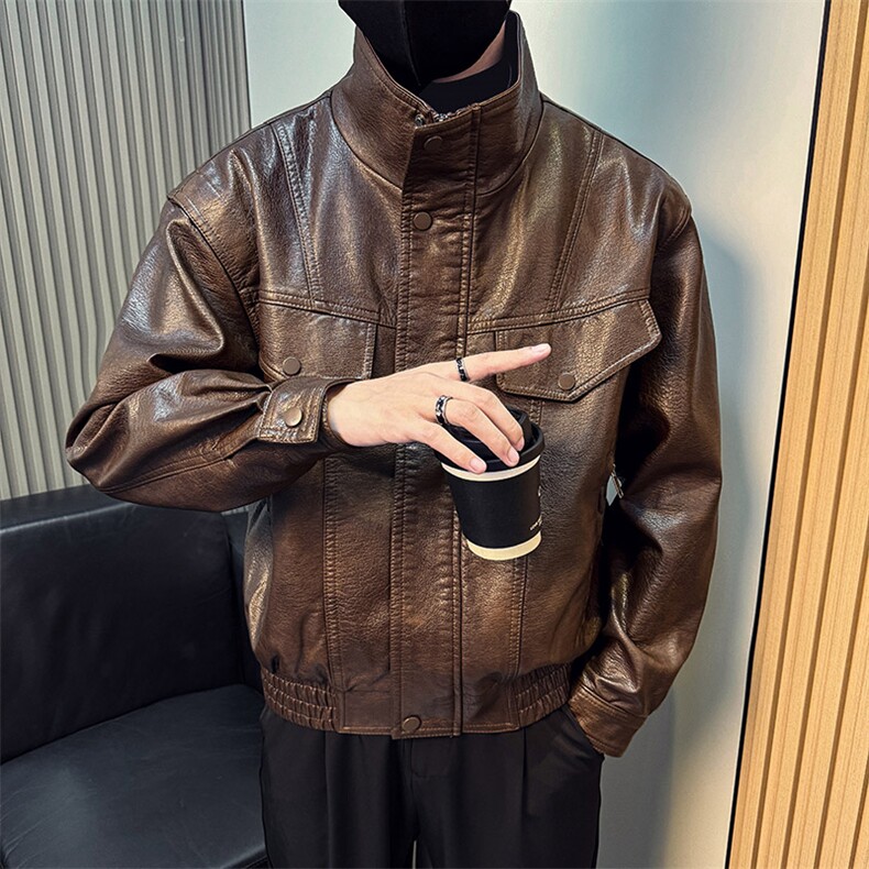 秋冬季男士立领中短款韩版潮流时尚皮衣皮夹克男A368-J017-P158,男装皮衣,电商A368