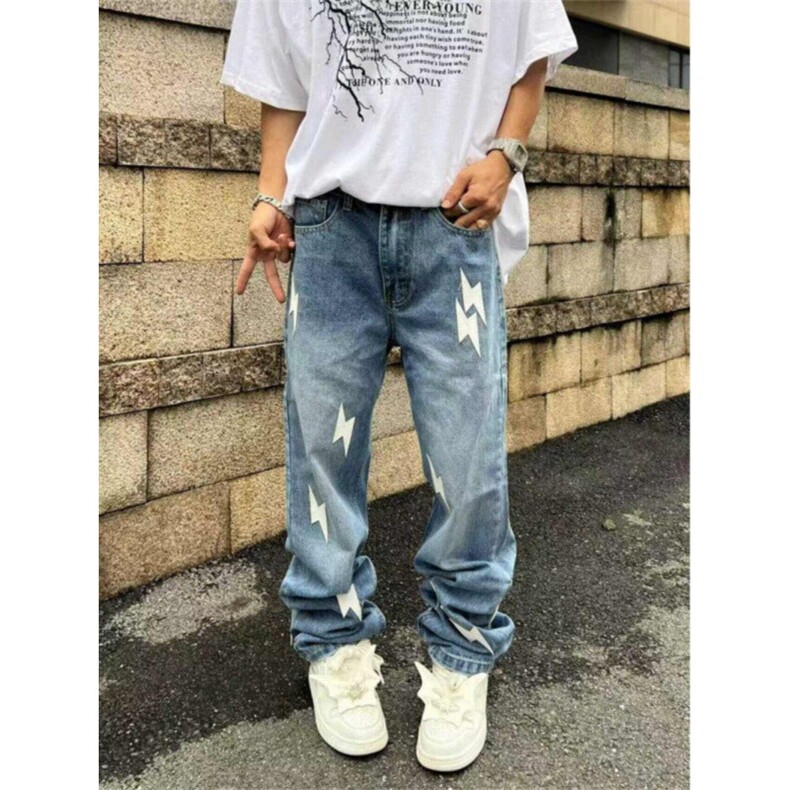 美式高街vibe风复古水洗做旧闪电贴布蓝色牛仔裤男宽松直筒长裤,男装牛仔裤,四季星座505