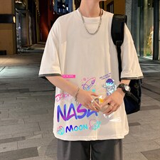 反光太空人短袖T恤男潮牌ins夏季假两件衣服潮流宽松半袖美式复古，男装T恤，电商A040