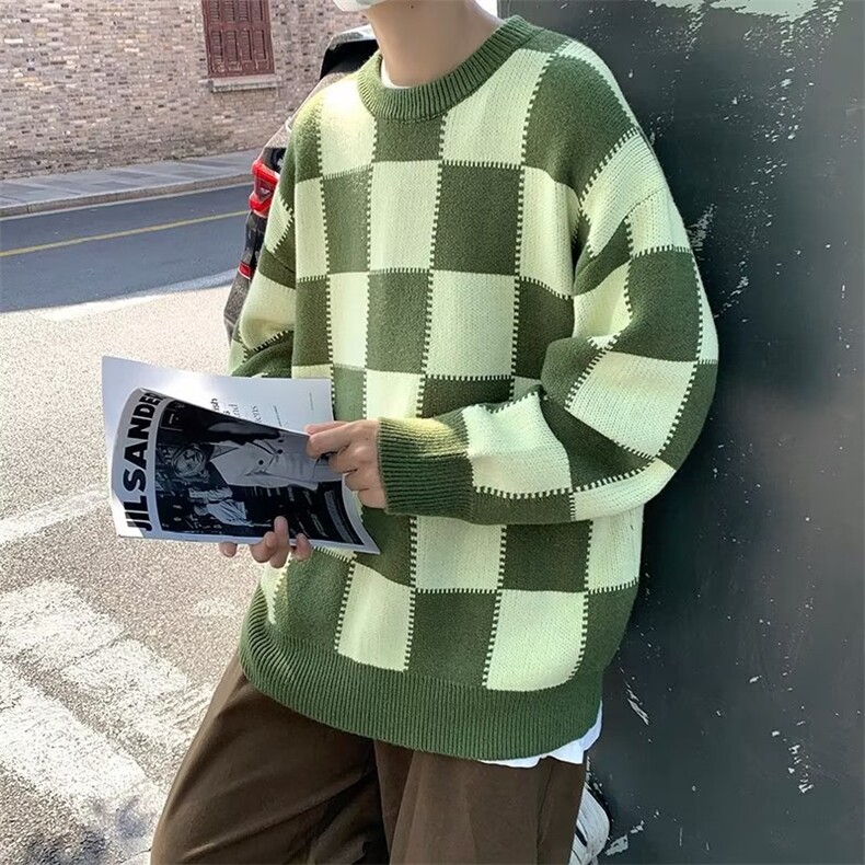秋季美式复古棋盘格毛衣男港风超火宽松针织衫情侣毛衣M717-P35,男装针织衫/毛衣,星座512-2