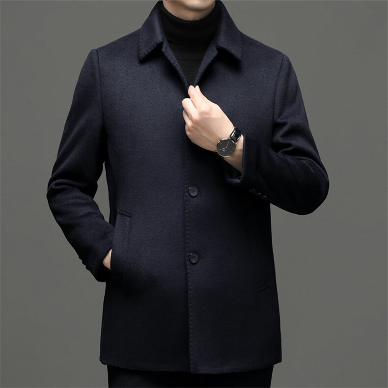 新款翻领纯色毛呢羊毛大衣男士冬季中年双面呢加厚保暖爸爸装外套，男装毛呢大衣，电商B212（原钱塘6029）