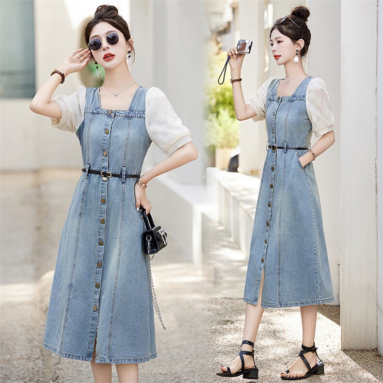 牛仔拼接泡泡袖女2024夏季新款休闲时尚气质优雅连衣裙，女装连体裤，魅影